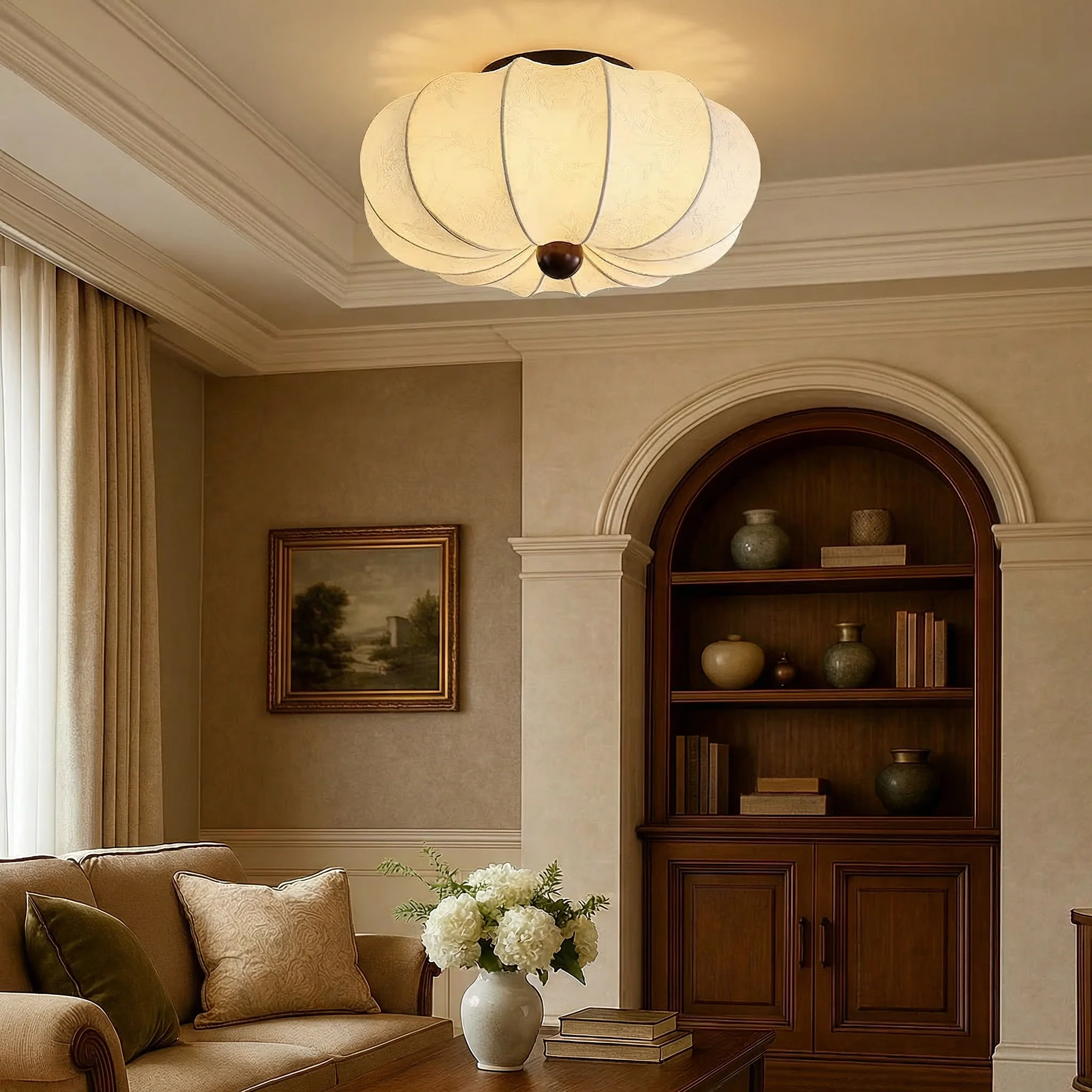 Medieval-Inspired Silk Drum Ceiling Light, Handcrafted
