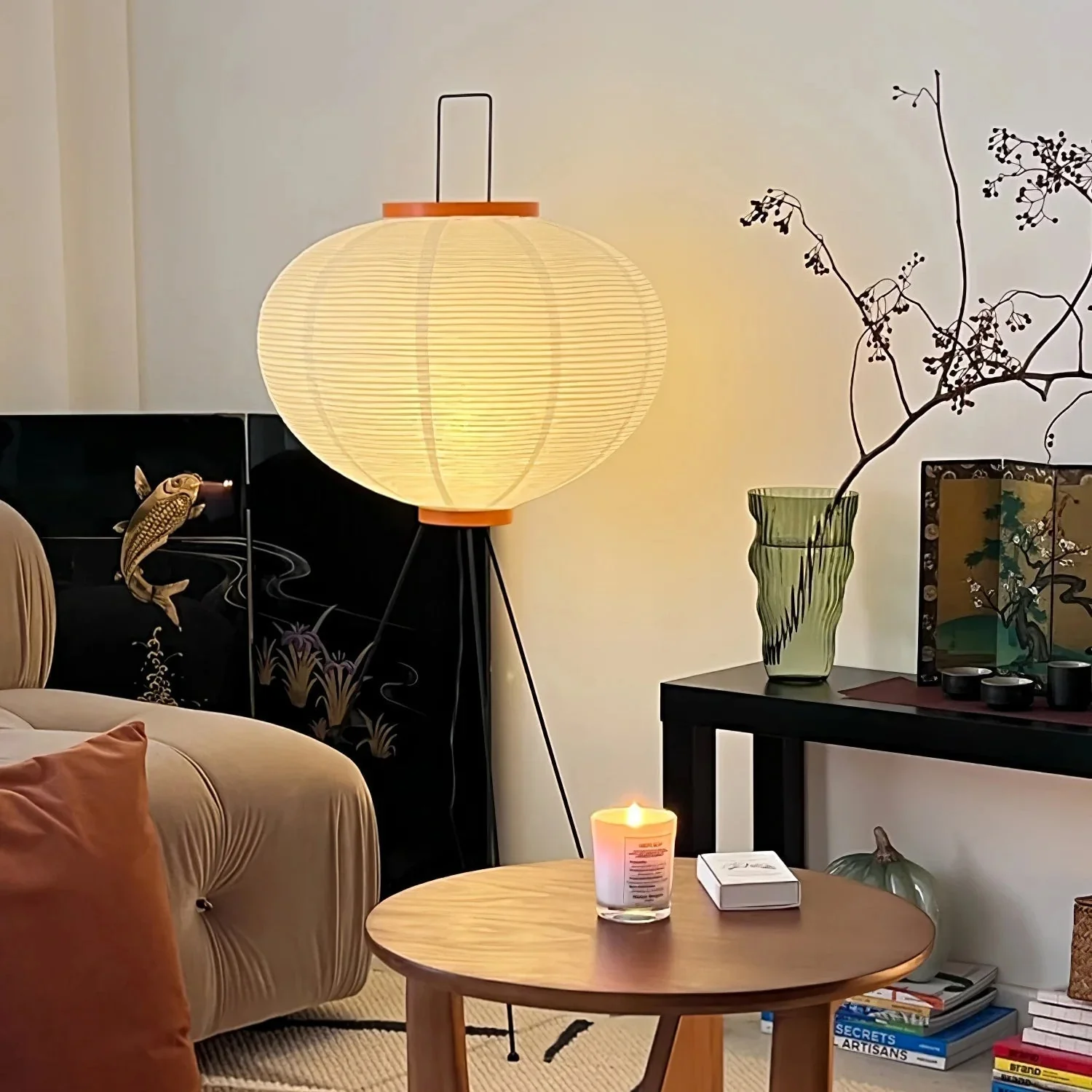 Rice Paper Floor Lamp with Warm Ambient Glow and Wooden Base - Image 2