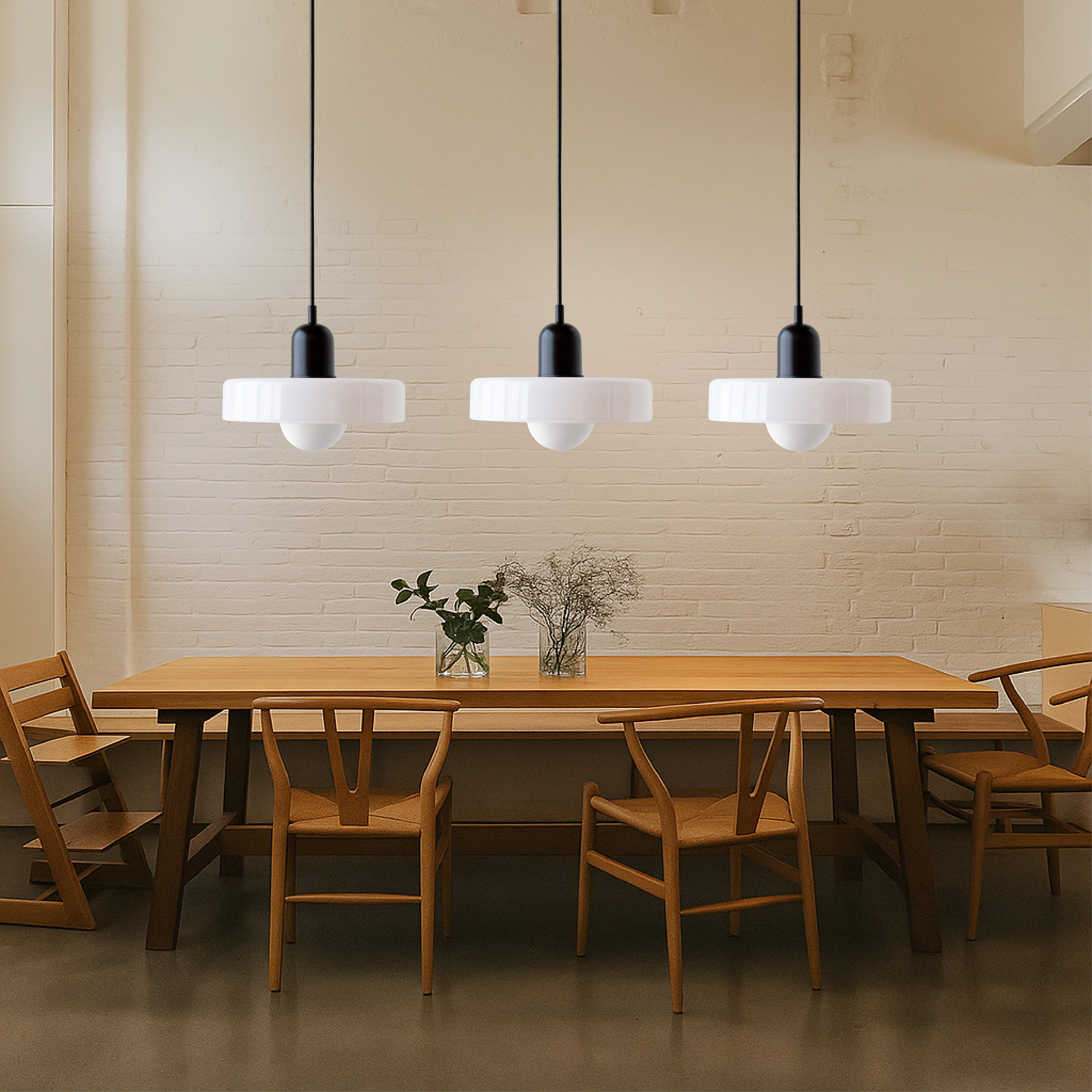 Three-Head Colored Glass Pendant Light in Bauhaus Style